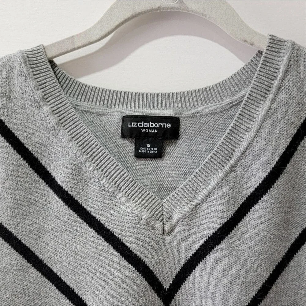 Liz Claiborne gray black V neck pullover  sweater size 1X cotton *